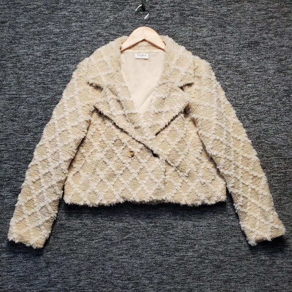 Storia Cream Sherpa Double Breasted Cropped Jacket Sz S‎ Textured Diamond Shag
